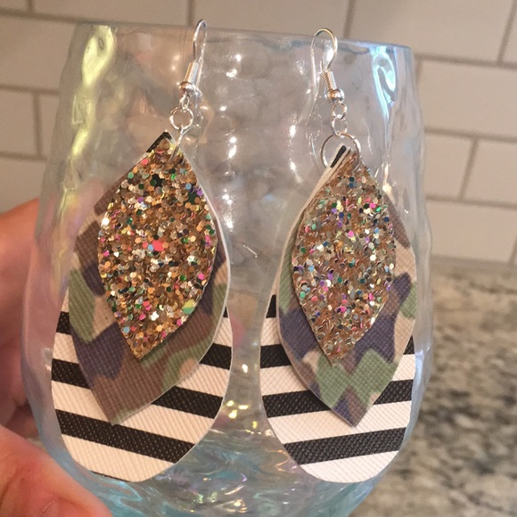Fun camo/stripe sparkle faux leather earrings - Picture 2 of 3